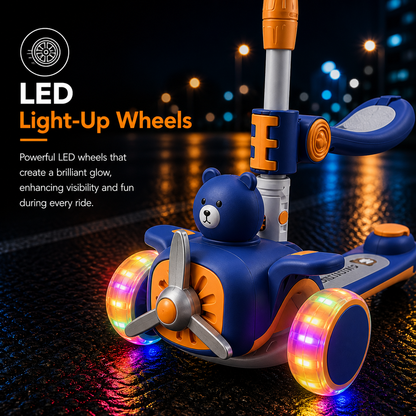 AMBERZ AeroBear 3 Wheel Stand & Sit Folding Kick Scooter with 4-Level Adjustable Height, Non-Slip Deck, Flashing Wheel Lights, Best Gift for 3-14 Years Old Toddlers Boys/Girls