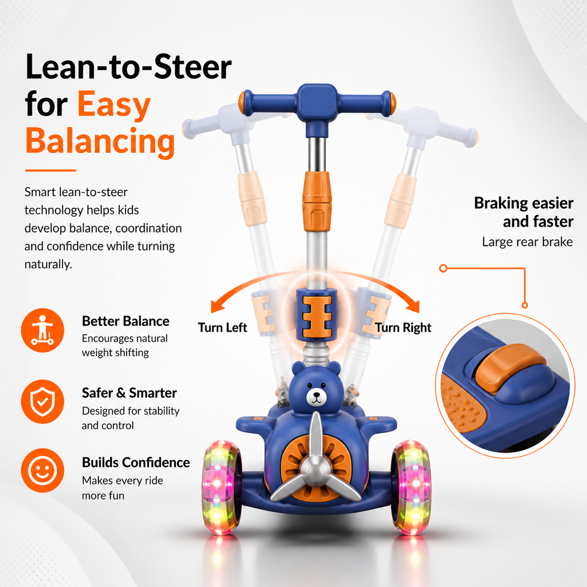 AMBERZ AeroBear 3 Wheel Stand & Sit Folding Kick Scooter with 4-Level Adjustable Height, Non-Slip Deck, Flashing Wheel Lights, Best Gift for 3-14 Years Old Toddlers Boys/Girls