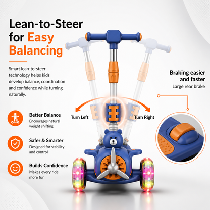 AMBERZ AeroBear 3 Wheel Stand & Sit Folding Kick Scooter with 4-Level Adjustable Height, Non-Slip Deck, Flashing Wheel Lights, Best Gift for 3-14 Years Old Toddlers Boys/Girls