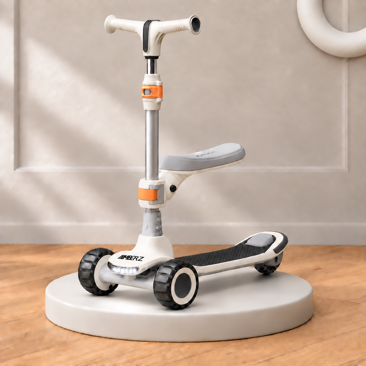 AMBERZ ZapX 2-in-1 Kick Scooter for Kids 3-14 Years with Flip-Up Seat, Music, Front LED & Rear Light, 5-Level Adjustable Height, 3 Wheel Lean-to-Steer, Rear Brake, Foldable, Boys & Girls