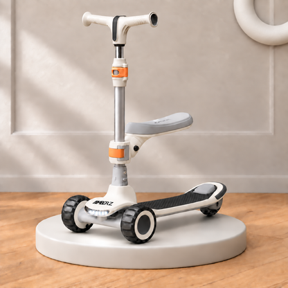 AMBERZ ZapX 2-in-1 Kick Scooter for Kids 3-14 Years with Flip-Up Seat, Music, Front LED & Rear Light, 5-Level Adjustable Height, 3 Wheel Lean-to-Steer, Rear Brake, Foldable, Boys & Girls