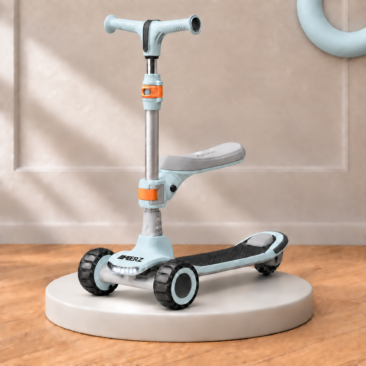 AMBERZ ZapX 2-in-1 Kick Scooter for Kids 3-14 Years with Flip-Up Seat, Music, Front LED & Rear Light, 5-Level Adjustable Height, 3 Wheel Lean-to-Steer, Rear Brake, Foldable, Boys & Girls
