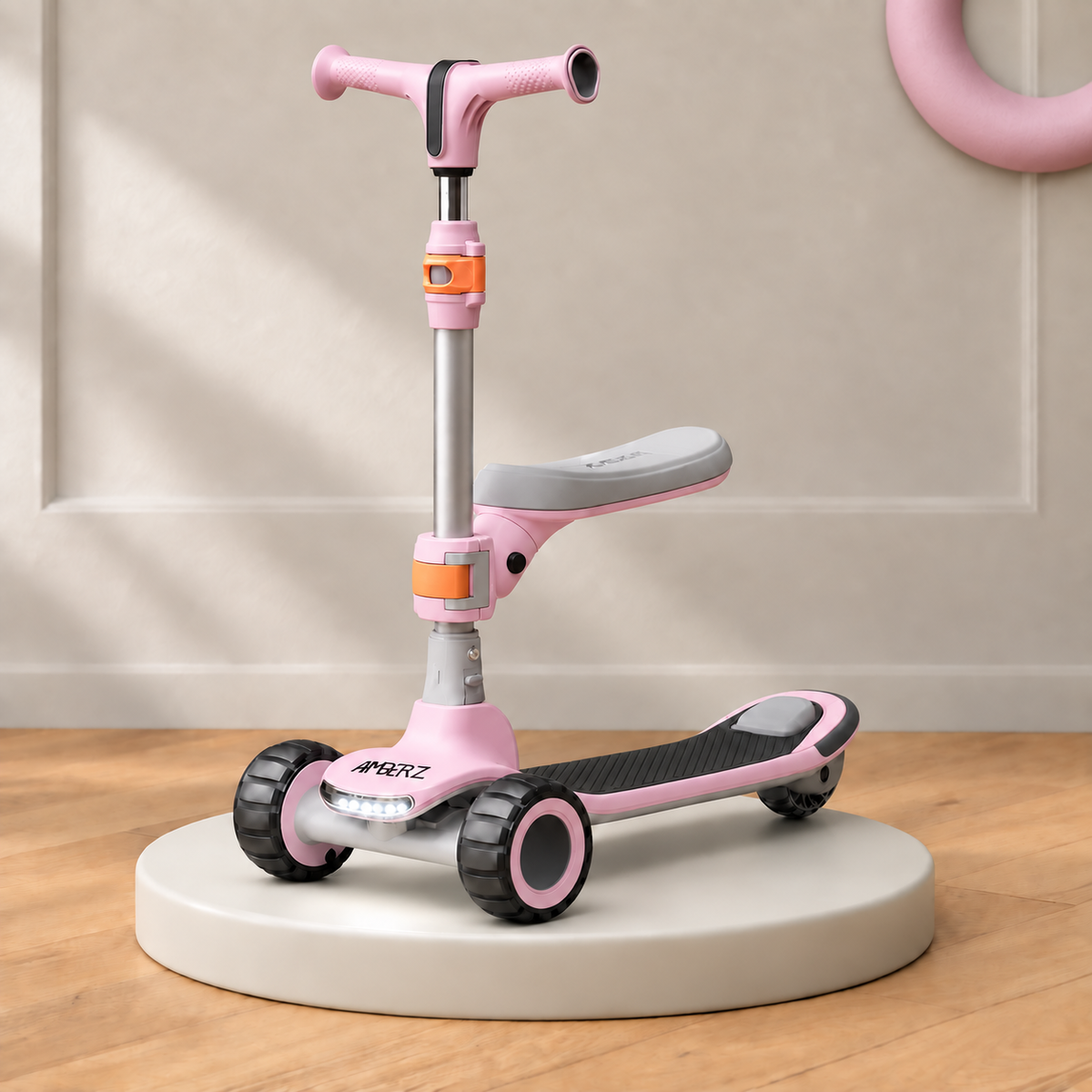 AMBERZ ZapX 2-in-1 Kick Scooter for Kids 3-14 Years with Flip-Up Seat, Music, Front LED & Rear Light, 5-Level Adjustable Height, 3 Wheel Lean-to-Steer, Rear Brake, Foldable, Boys & Girls