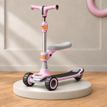 AMBERZ ZapX 2-in-1 Kick Scooter for Kids 3-14 Years with Flip-Up Seat, Music, Front LED & Rear Light, 5-Level Adjustable Height, 3 Wheel Lean-to-Steer, Rear Brake, Foldable, Boys & Girls