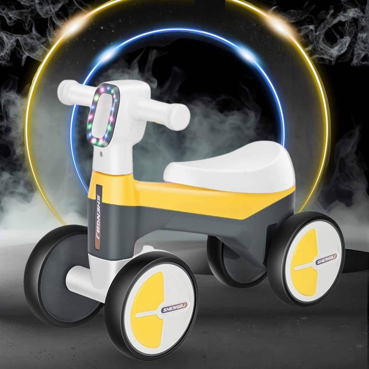 AMBERZ NeoGlow Premium LED Baby Balance Bike for 1-3 Years | Musical Toddler Ride-On Bike with LED Light | 4-Wheel Anti-Tip Design | Silent Wheels | Indoor & Outdoor Ride-On Toy for Boys & Girls