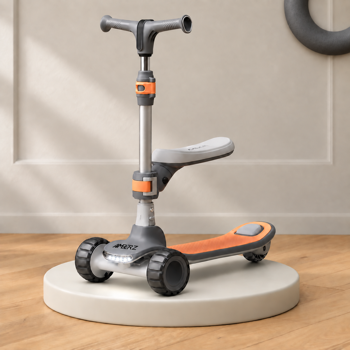 AMBERZ ZapX 2-in-1 Kick Scooter for Kids 3-14 Years with Flip-Up Seat, Music, Front LED & Rear Light, 5-Level Adjustable Height, 3 Wheel Lean-to-Steer, Rear Brake, Foldable, Boys & Girls