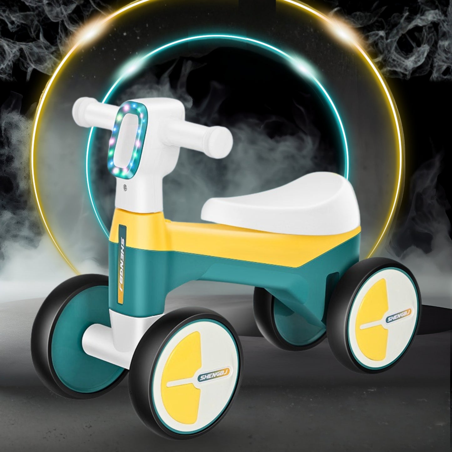 AMBERZ NeoGlow Premium LED Baby Balance Bike for 1-3 Years | Musical Toddler Ride-On Bike with LED Light | 4-Wheel Anti-Tip Design | Silent Wheels | Indoor & Outdoor Ride-On Toy for Boys & Girls