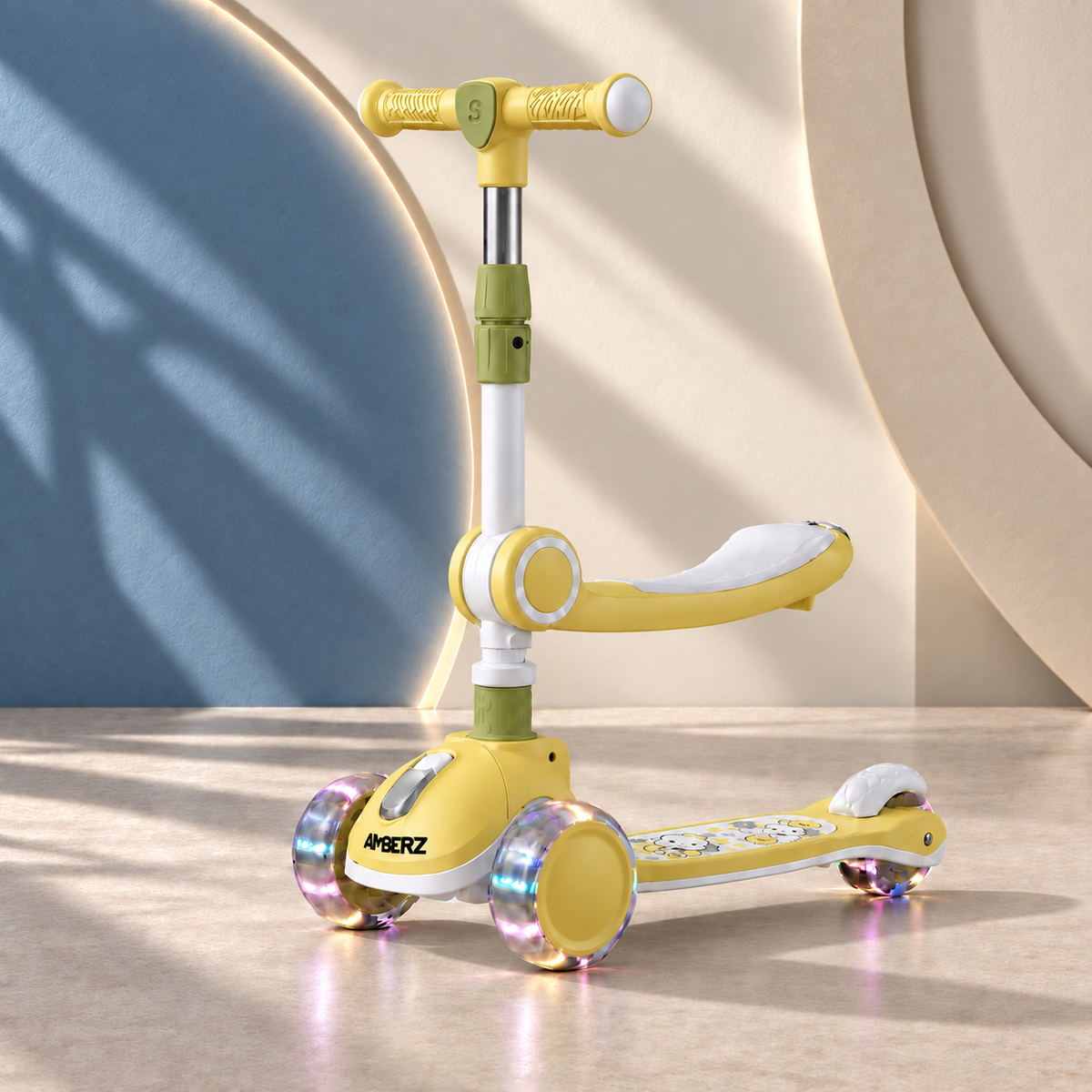AMBERZ SparkberZ 3-in-1 Convertible & Foldable Kids Kick Scooter for 2-12 Years Old Kids with 5 Level Height Adjustable Handle | LED PU Flashing Wheels | Light & Music Deck with Brake (Weight Capacity 75 kg)