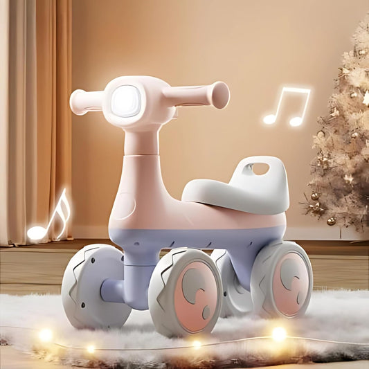 AMBERZ KB-084 BabyGroove Musical Baby Balance Bike for 1-3 Years | Toddler Ride-On with Music & LED Light | 4-Wheel Anti-Tip Balance Bike | Silent Wheels | Indoor & Outdoor Ride-On Toy for Boys & Girls