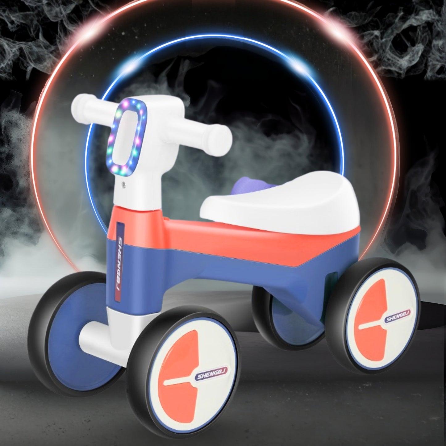 AMBERZ NeoGlow Premium LED Baby Balance Bike for 1-3 Years | Musical Toddler Ride-On Bike with LED Light | 4-Wheel Anti-Tip Design | Silent Wheels | Indoor & Outdoor Ride-On Toy for Boys & Girls