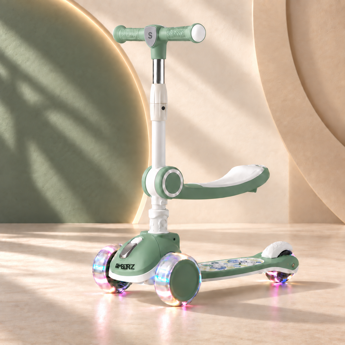 AMBERZ SparkberZ 3-in-1 Convertible & Foldable Kids Kick Scooter for 2-12 Years Old Kids with 5 Level Height Adjustable Handle | LED PU Flashing Wheels | Light & Music Deck with Brake (Weight Capacity 75 kg)