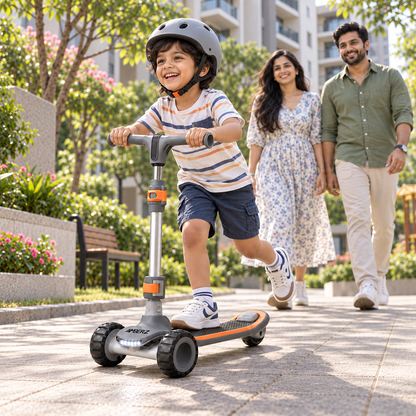 AMBERZ ZapX 2-in-1 Kick Scooter for Kids 3-14 Years with Flip-Up Seat, Music, Front LED & Rear Light, 5-Level Adjustable Height, 3 Wheel Lean-to-Steer, Rear Brake, Foldable, Boys & Girls