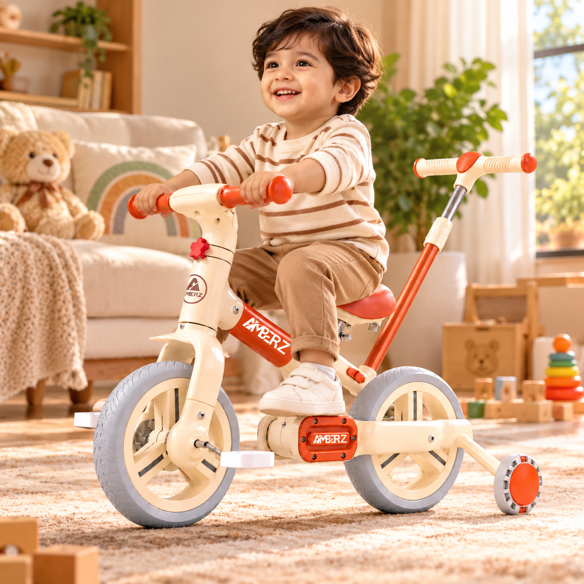 AMBERZ FlexoBike 4-in-1 Kids Cycle | Tricycle, Balance Bike & Bicycle | Parental Push Handle | Foldable Aluminium Frame for 2-4 Years.