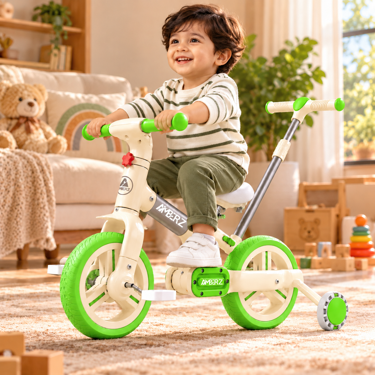 AMBERZ FlexoBike 4-in-1 Kids Cycle | Tricycle, Balance Bike & Bicycle | Parental Push Handle | Foldable Aluminium Frame for 2-4 Years.