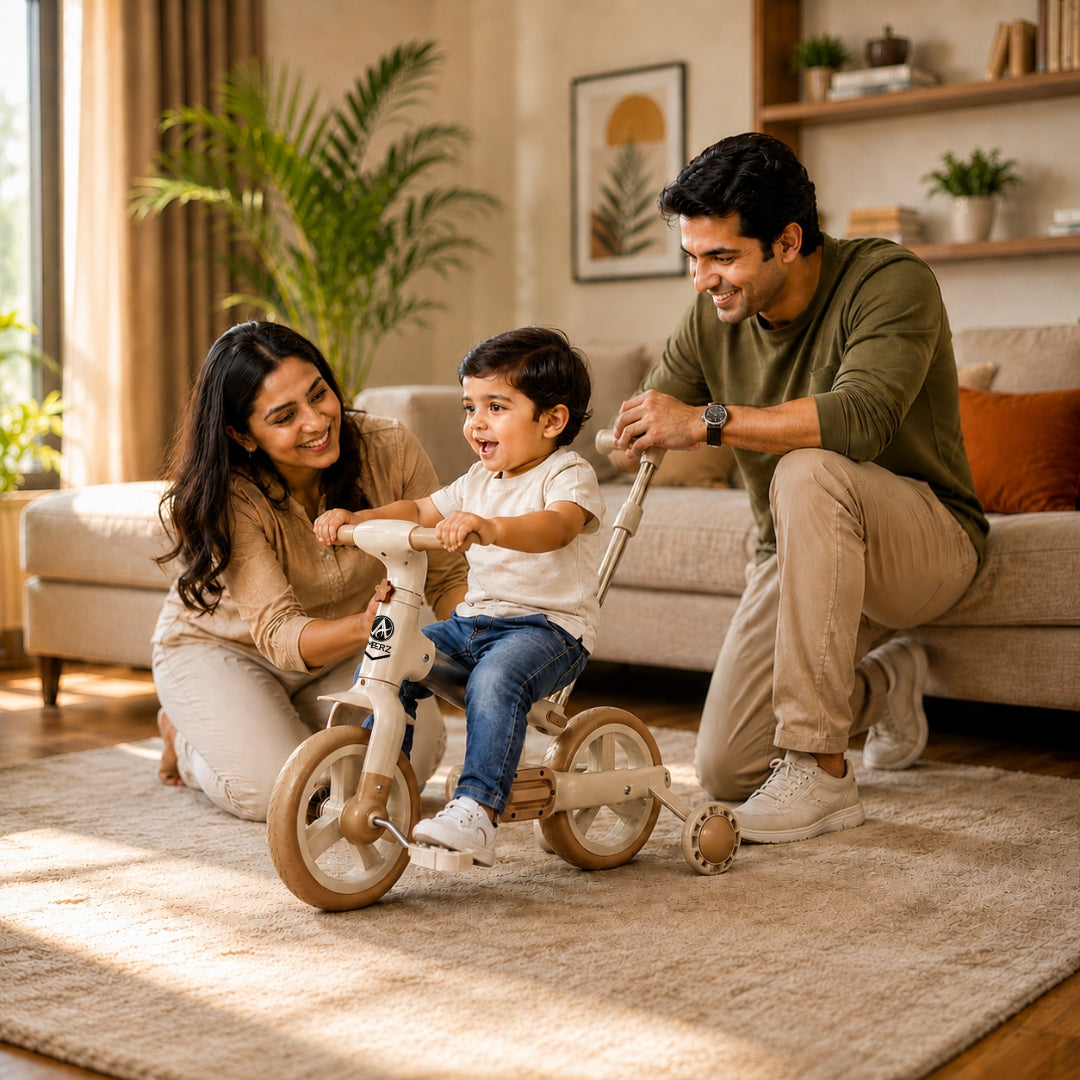 AMBERZ FlexoBike 4-in-1 Kids Cycle | Tricycle, Balance Bike & Bicycle | Parental Push Handle | Foldable Aluminium Frame for 2-4 Years.
