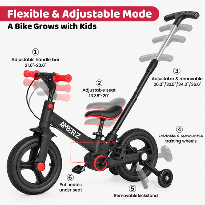 AMBERZ Junior Pro 4 in 1 Convertible Kids Bike with Parent Push Handle (2–5 Years)