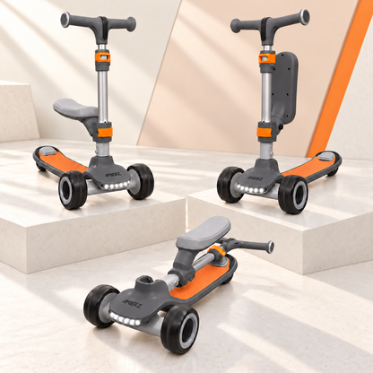 AMBERZ ZapX 2-in-1 Kick Scooter for Kids 3-14 Years with Flip-Up Seat, Music, Front LED & Rear Light, 5-Level Adjustable Height, 3 Wheel Lean-to-Steer, Rear Brake, Foldable, Boys & Girls