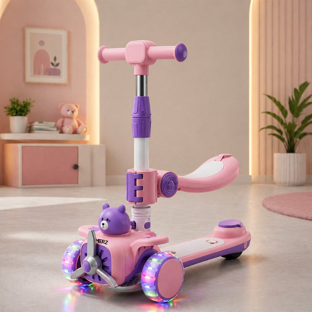 AMBERZ AeroBear 3 Wheel Stand & Sit Folding Kick Scooter with 4-Level Adjustable Height, Non-Slip Deck, Flashing Wheel Lights, Best Gift for 3-14 Years Old Toddlers Boys/Girls