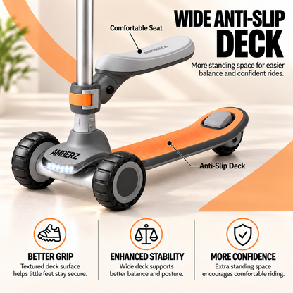 AMBERZ ZapX 2-in-1 Kick Scooter for Kids 3-14 Years with Flip-Up Seat, Music, Front LED & Rear Light, 5-Level Adjustable Height, 3 Wheel Lean-to-Steer, Rear Brake, Foldable, Boys & Girls