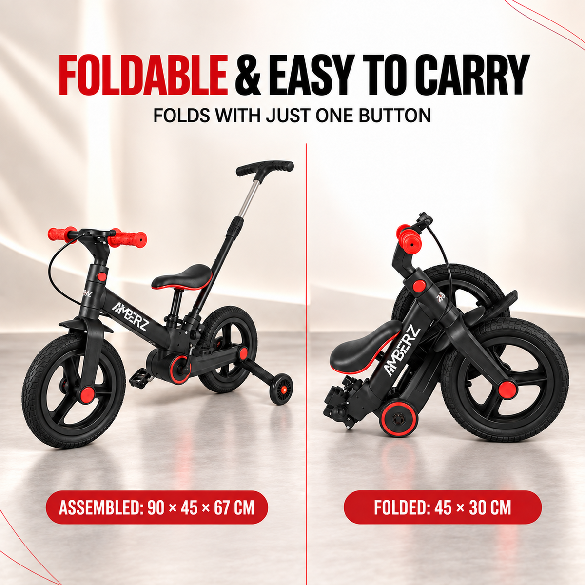AMBERZ Junior Pro 4 in 1 Convertible Kids Bike with Parent Push Handle (2–5 Years)
