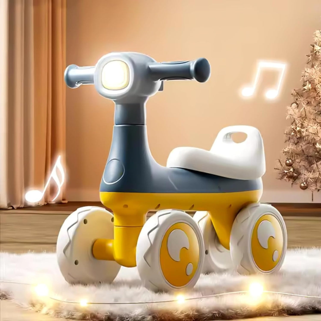 AMBERZ KB-084 BabyGroove Musical Baby Balance Bike for 1-3 Years | Toddler Ride-On with Music & LED Light | 4-Wheel Anti-Tip Balance Bike | Silent Wheels | Indoor & Outdoor Ride-On Toy for Boys & Girls