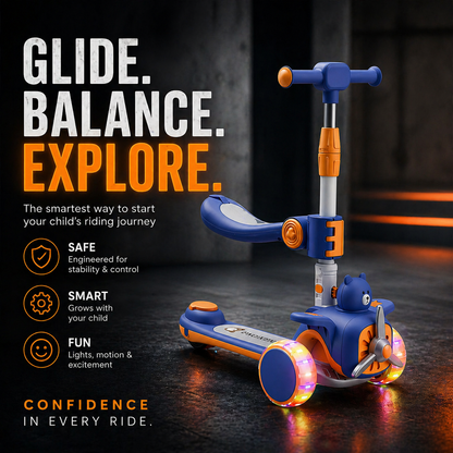 AMBERZ AeroBear 3 Wheel Stand & Sit Folding Kick Scooter with 4-Level Adjustable Height, Non-Slip Deck, Flashing Wheel Lights, Best Gift for 3-14 Years Old Toddlers Boys/Girls