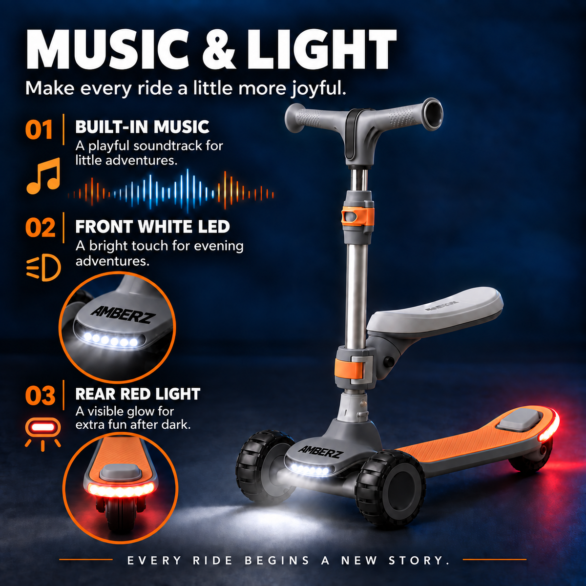 AMBERZ ZapX 2-in-1 Kick Scooter for Kids 3-14 Years with Flip-Up Seat, Music, Front LED & Rear Light, 5-Level Adjustable Height, 3 Wheel Lean-to-Steer, Rear Brake, Foldable, Boys & Girls