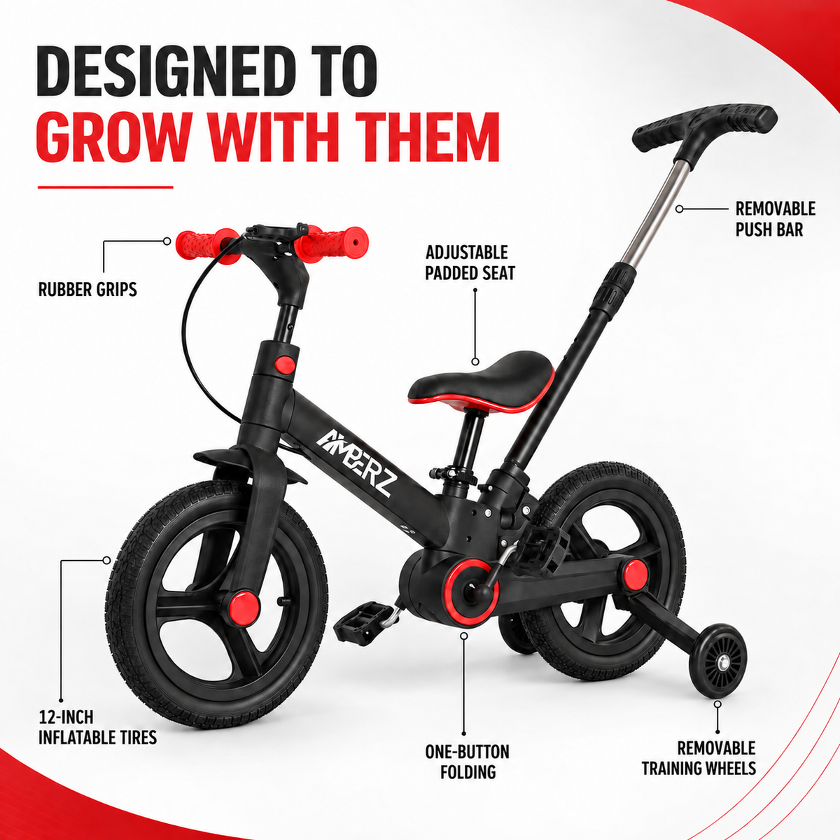 AMBERZ Junior Pro 4 in 1 Convertible Kids Bike with Parent Push Handle (2–5 Years)