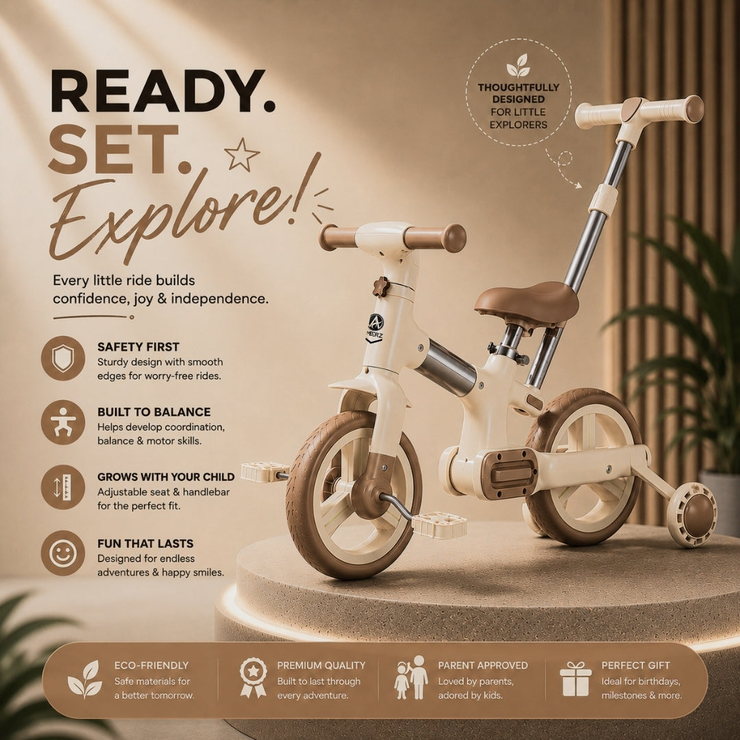 AMBERZ FlexoBike 4-in-1 Kids Cycle | Tricycle, Balance Bike & Bicycle | Parental Push Handle | Foldable Aluminium Frame for 2-4 Years.