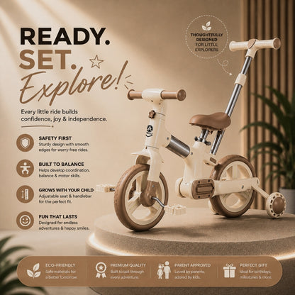 AMBERZ FlexoBike 4-in-1 Kids Cycle | Tricycle, Balance Bike & Bicycle | Parental Push Handle | Foldable Aluminium Frame for 2-4 Years.