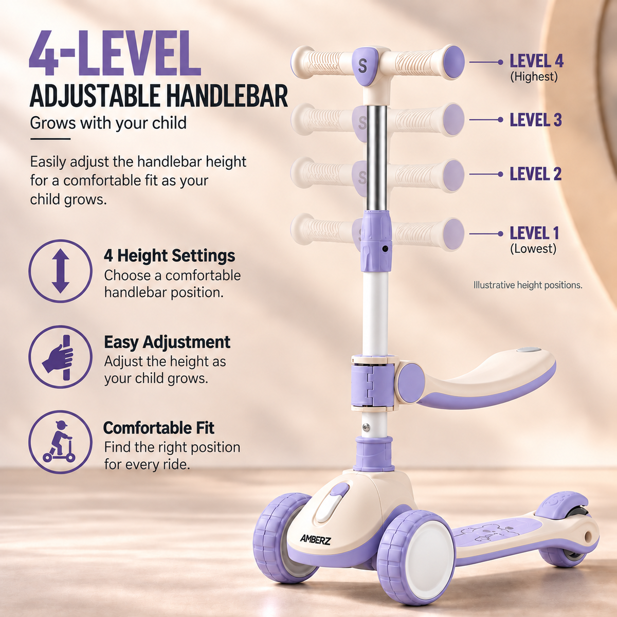 AMBERZ SparkberZ 3-in-1 Convertible & Foldable Kids Kick Scooter for 2-12 Years Old Kids with 5 Level Height Adjustable Handle | LED PU Flashing Wheels | Light & Music Deck with Brake (Weight Capacity 75 kg)