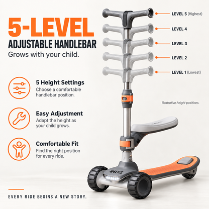AMBERZ ZapX 2-in-1 Kick Scooter for Kids 3-14 Years with Flip-Up Seat, Music, Front LED & Rear Light, 5-Level Adjustable Height, 3 Wheel Lean-to-Steer, Rear Brake, Foldable, Boys & Girls