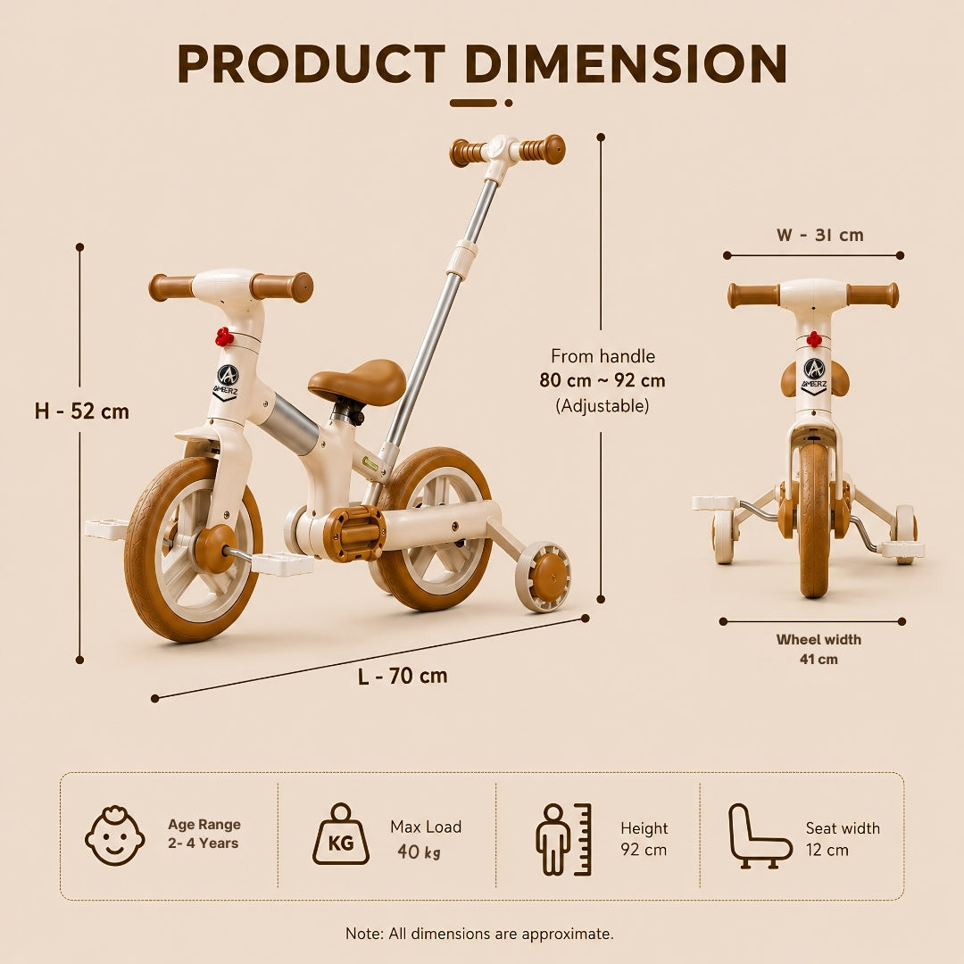 AMBERZ FlexoBike 4-in-1 Kids Cycle | Tricycle, Balance Bike & Bicycle | Parental Push Handle | Foldable Aluminium Frame for 2-4 Years.