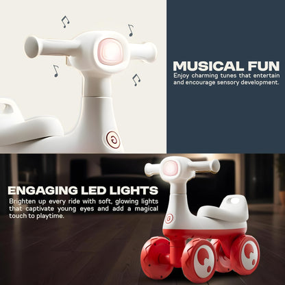 AMBERZ KB-084 BabyGroove Musical Baby Balance Bike for 1-3 Years | Toddler Ride-On with Music & LED Light | 4-Wheel Anti-Tip Balance Bike | Silent Wheels | Indoor & Outdoor Ride-On Toy for Boys & Girls