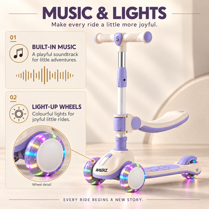 AMBERZ SparkberZ 3-in-1 Convertible & Foldable Kids Kick Scooter for 2-12 Years Old Kids with 5 Level Height Adjustable Handle | LED PU Flashing Wheels | Light & Music Deck with Brake (Weight Capacity 75 kg)