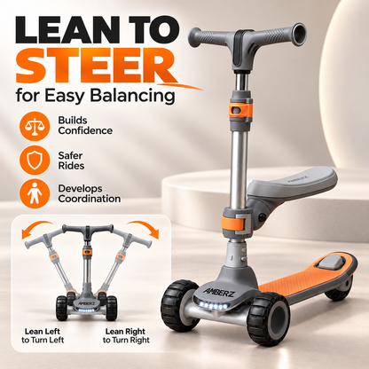 AMBERZ ZapX 2-in-1 Kick Scooter for Kids 3-14 Years with Flip-Up Seat, Music, Front LED & Rear Light, 5-Level Adjustable Height, 3 Wheel Lean-to-Steer, Rear Brake, Foldable, Boys & Girls