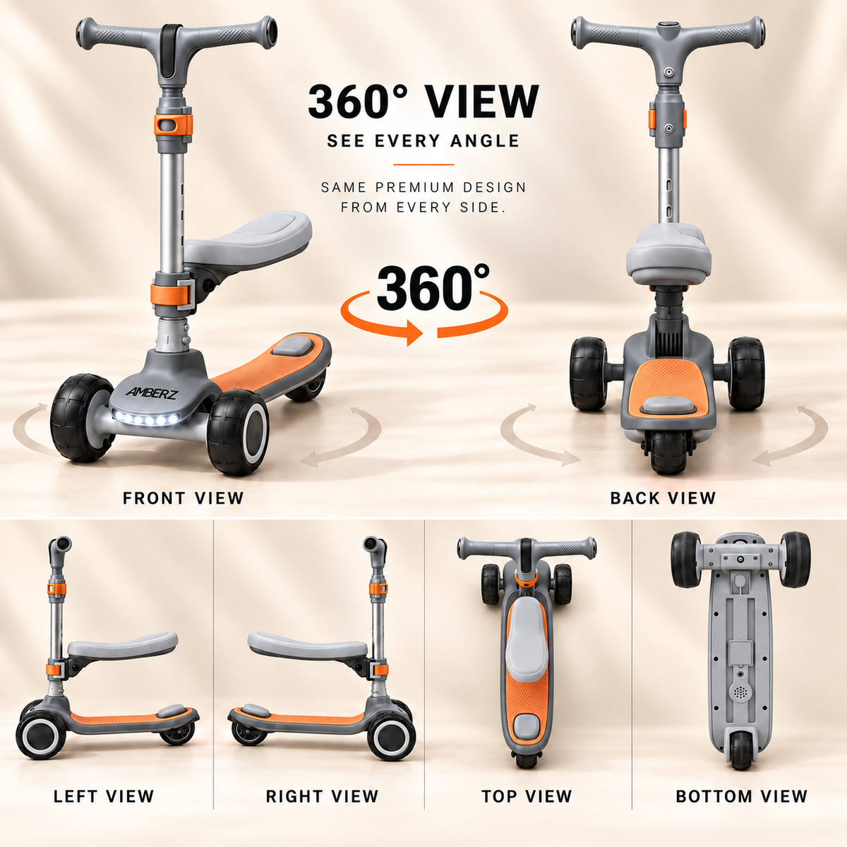 AMBERZ ZapX 2-in-1 Kick Scooter for Kids 3-14 Years with Flip-Up Seat, Music, Front LED & Rear Light, 5-Level Adjustable Height, 3 Wheel Lean-to-Steer, Rear Brake, Foldable, Boys & Girls