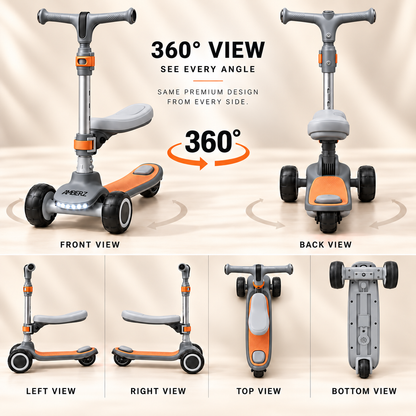 AMBERZ ZapX 2-in-1 Kick Scooter for Kids 3-14 Years with Flip-Up Seat, Music, Front LED & Rear Light, 5-Level Adjustable Height, 3 Wheel Lean-to-Steer, Rear Brake, Foldable, Boys & Girls