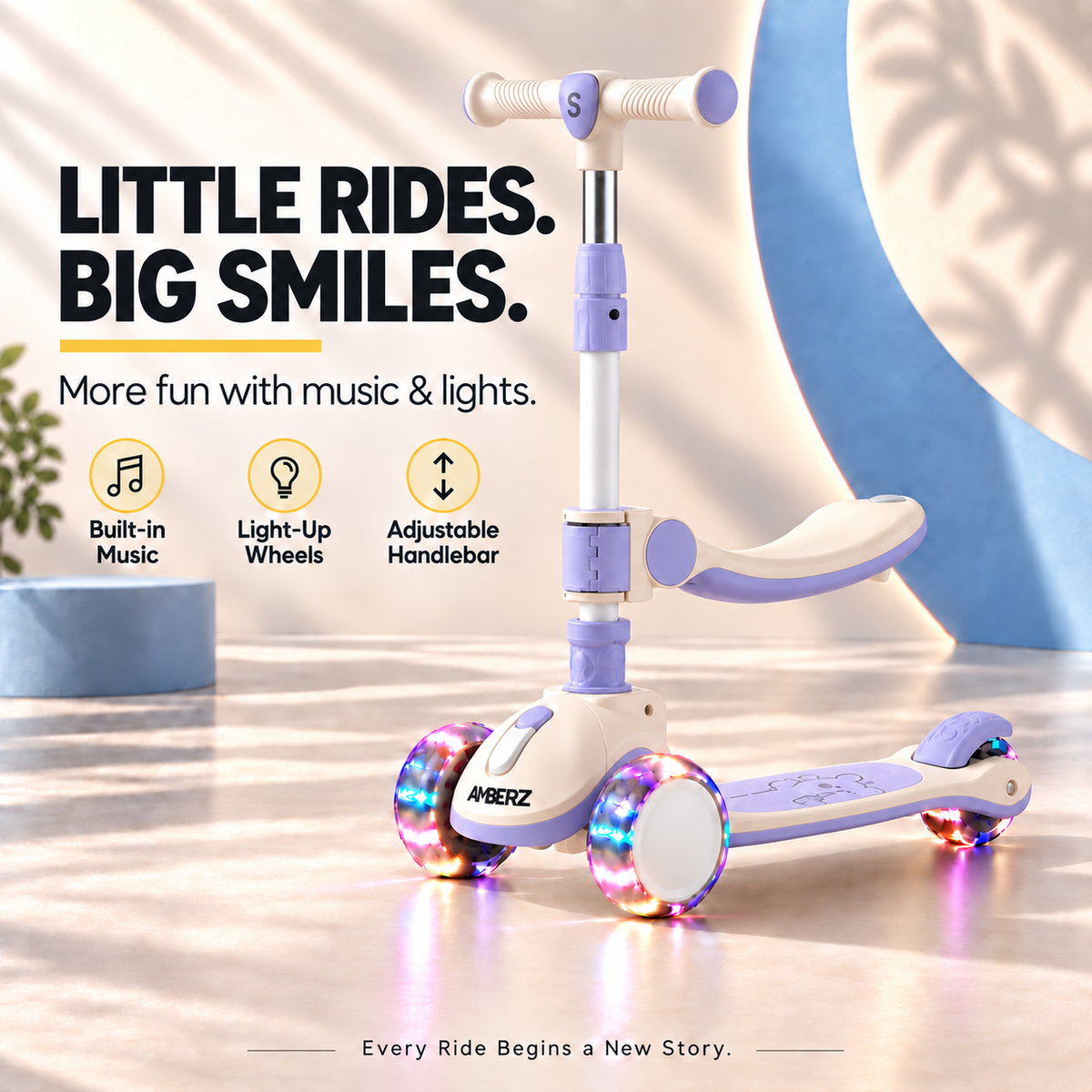 AMBERZ SparkberZ 3-in-1 Convertible & Foldable Kids Kick Scooter for 2-12 Years Old Kids with 5 Level Height Adjustable Handle | LED PU Flashing Wheels | Light & Music Deck with Brake (Weight Capacity 75 kg)