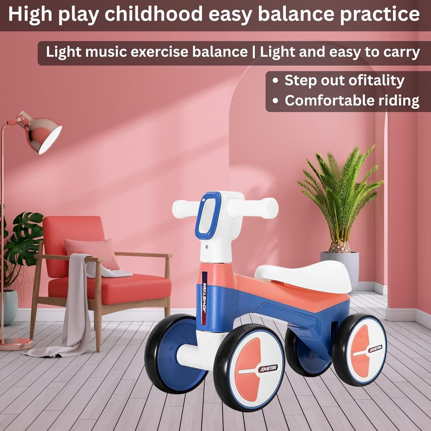 AMBERZ NeoGlow Premium LED Baby Balance Bike for 1-3 Years | Musical Toddler Ride-On Bike with LED Light | 4-Wheel Anti-Tip Design | Silent Wheels | Indoor & Outdoor Ride-On Toy for Boys & Girls