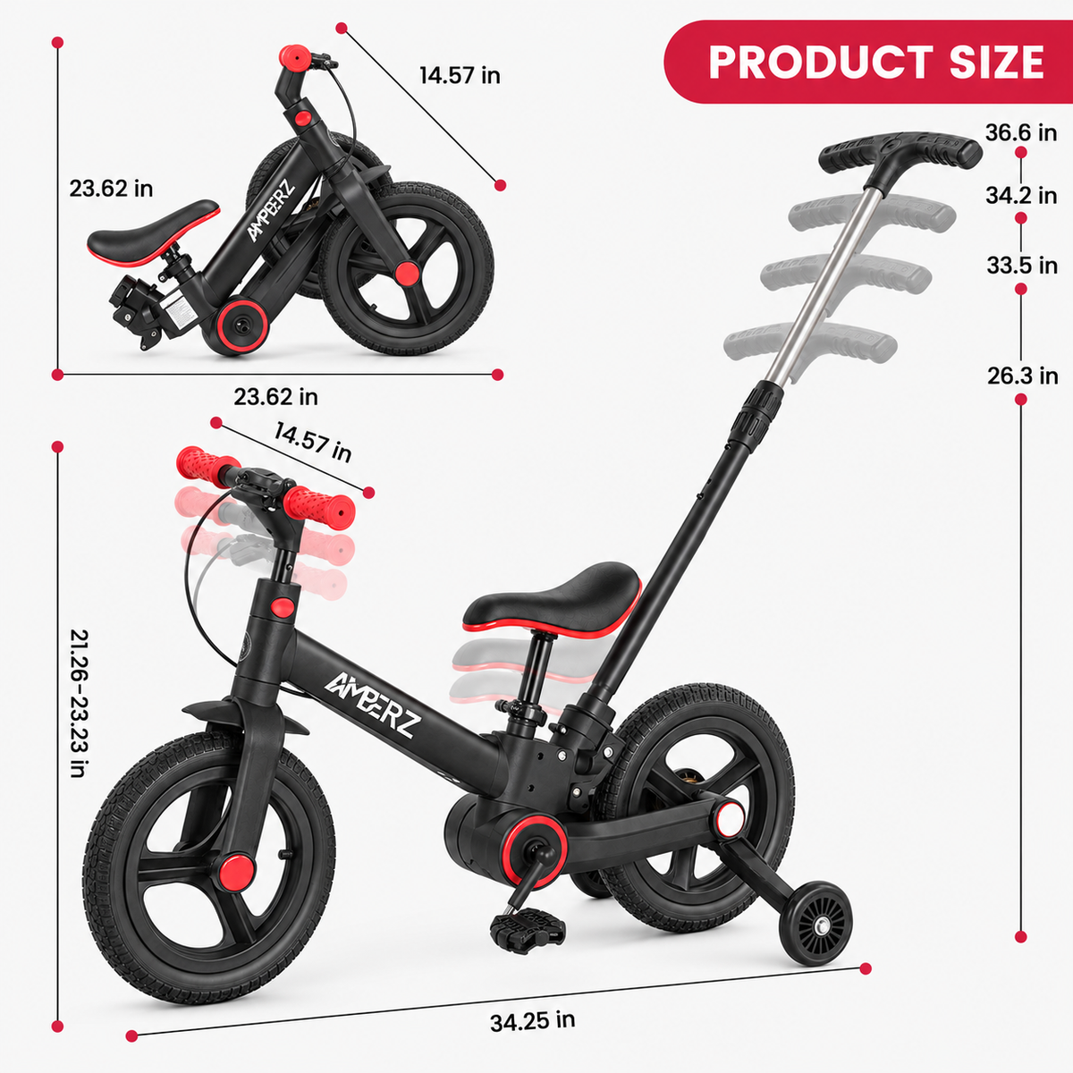 AMBERZ Junior Pro 4 in 1 Convertible Kids Bike with Parent Push Handle (2–5 Years)