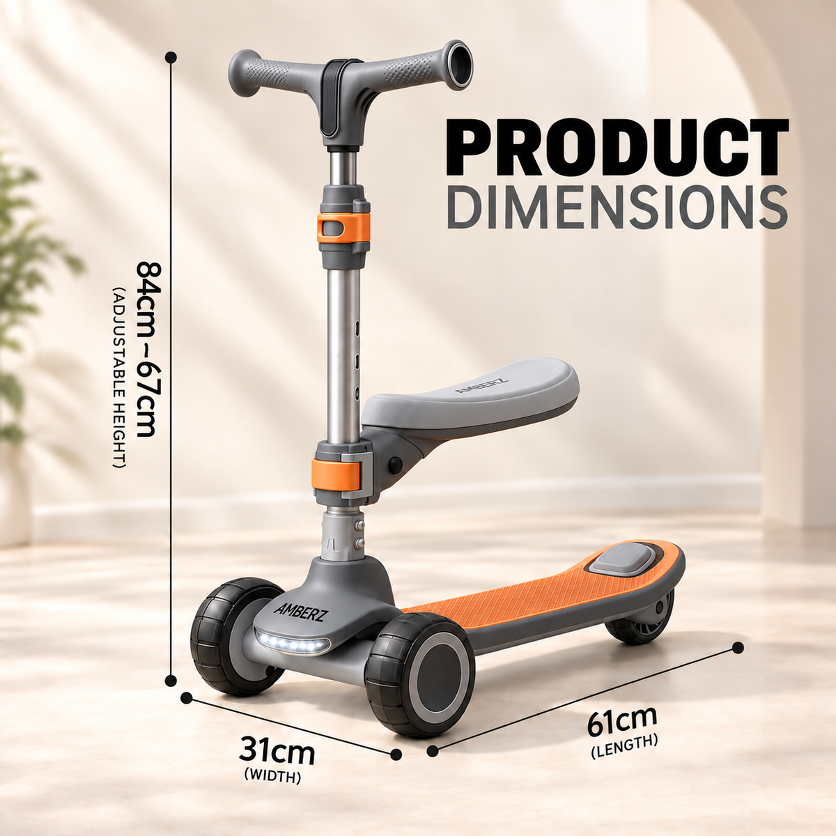 AMBERZ ZapX 2-in-1 Kick Scooter for Kids 3-14 Years with Flip-Up Seat, Music, Front LED & Rear Light, 5-Level Adjustable Height, 3 Wheel Lean-to-Steer, Rear Brake, Foldable, Boys & Girls