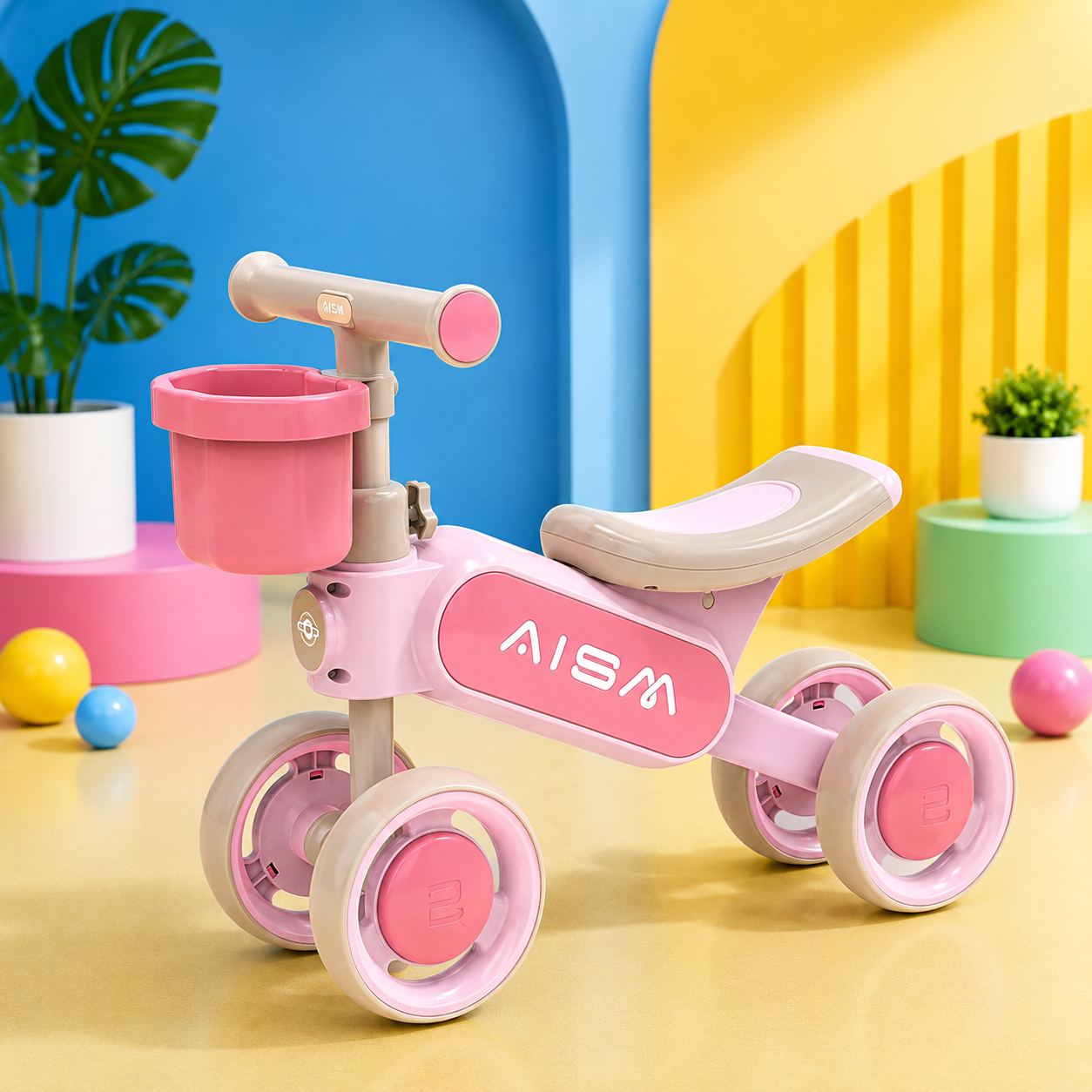 AMBERZ Balance Bike for 1-3 Years Kids | 4-Smooth Wheels Push Ride on for Toddlers | Lightweight, Durable, Safe & Stable Ride with Handlebar Basket | First Birthday Gift for Boys & Girls
