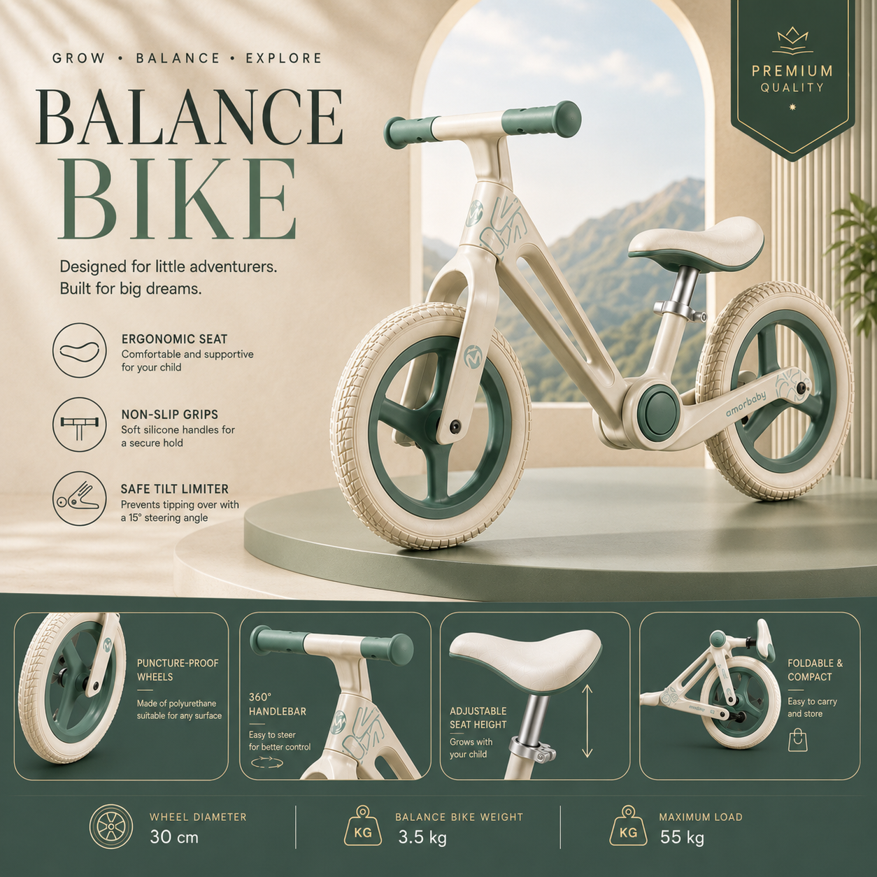 AMBERZ Foldster Balance Bike for Kids 2 to 5 Years Old | Foldable Toddler Cycle Without Pedals | Adjustable Seat | PU Wheels | Ideal for Boys & Girls.