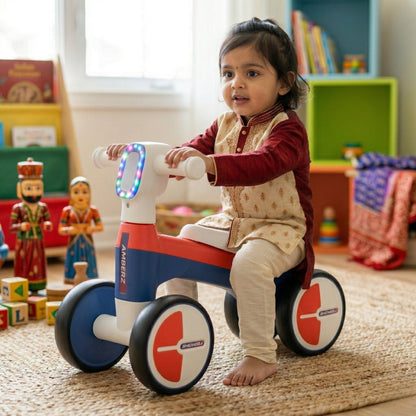 AMBERZ NeoGlow Premium LED Baby Balance Bike for 1-3 Years | Musical Toddler Ride-On Bike with LED Light | 4-Wheel Anti-Tip Design | Silent Wheels | Indoor & Outdoor Ride-On Toy for Boys & Girls